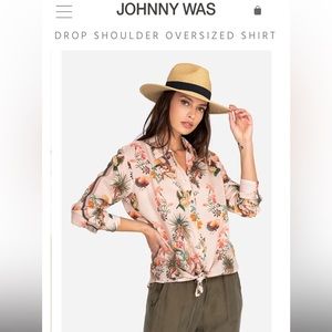 Johnny Was Drop Shoulder Oversized Shirt Pink with Florals and Birds Size XL